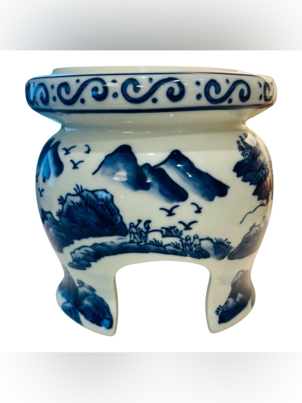 Blue & White Chinoiserie Porcelain Brush Washer | Asian Landscape Vessel
